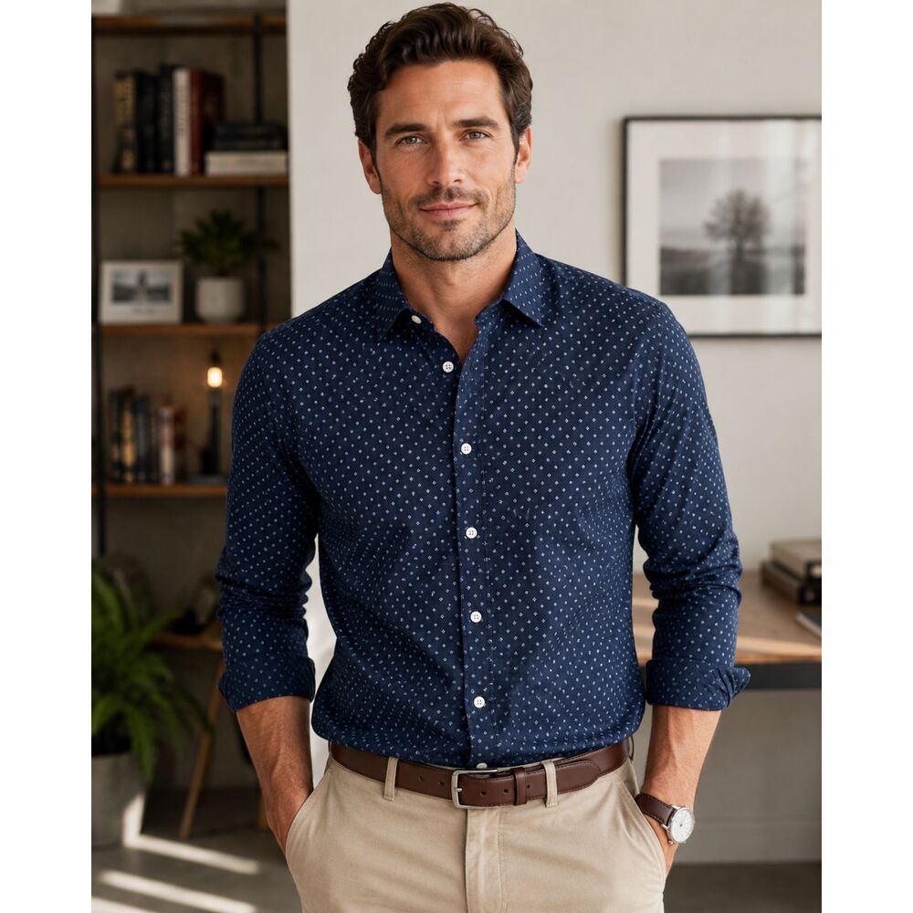 J.Crew Ludlow Button Down Shirt Blue Geometric MicroDot Large 120's 2-Ply Cotton